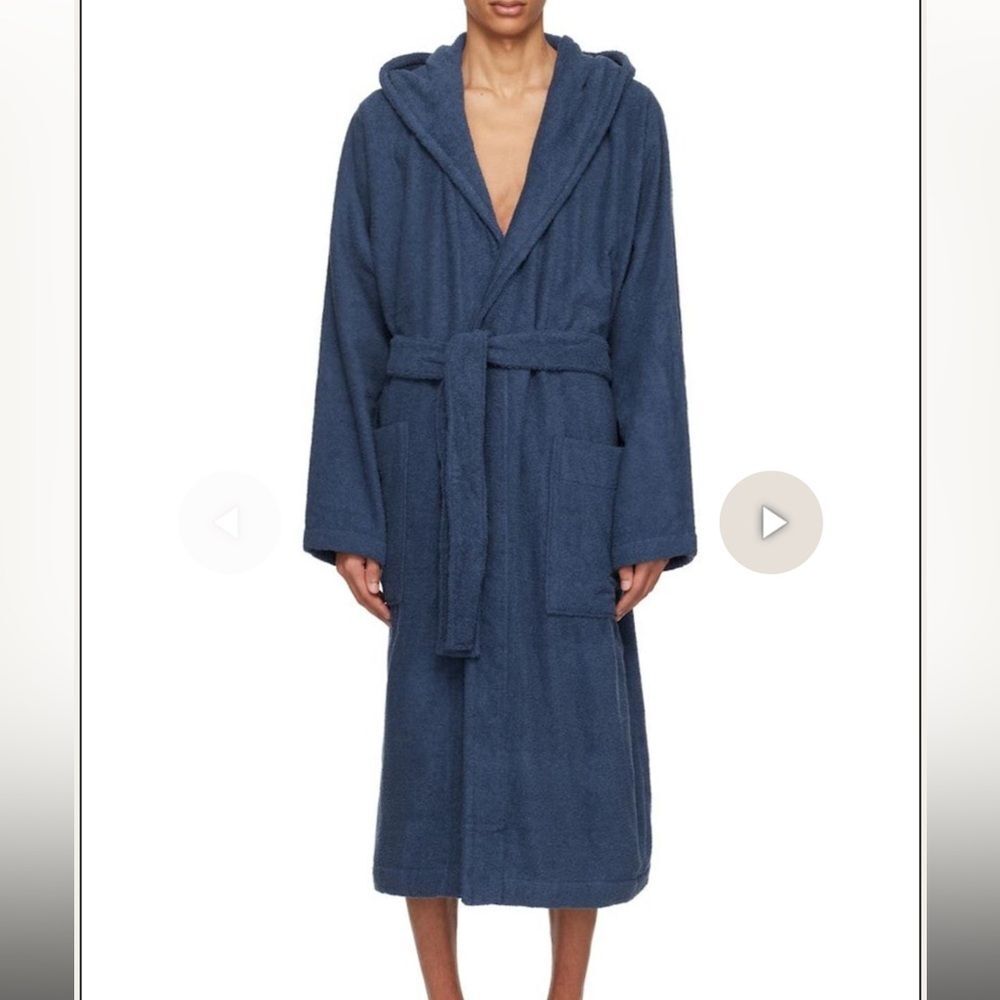 Tekla Organic Cotton Terry Hooded Bathrobe Navy Blue L